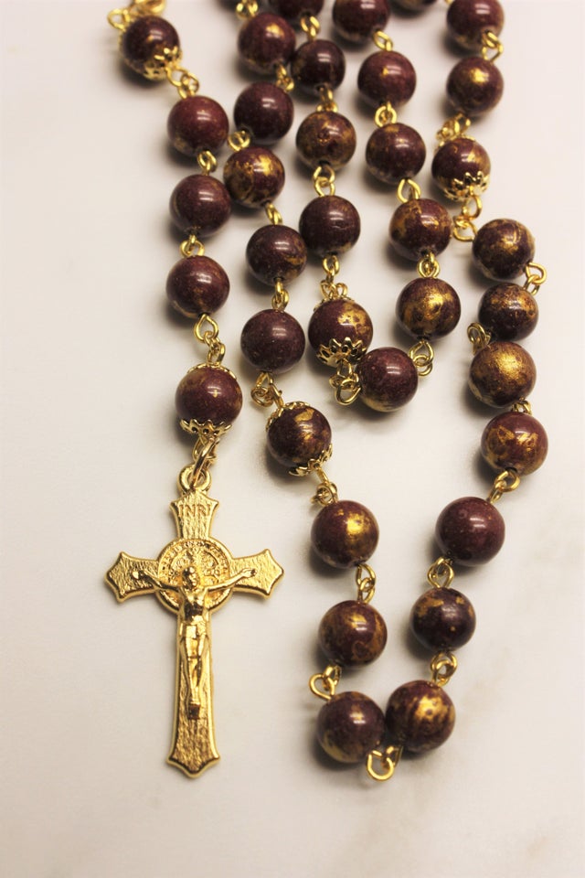 Handmade Rosary, Maroon popular with Gold Paint Mountain Jade Beads